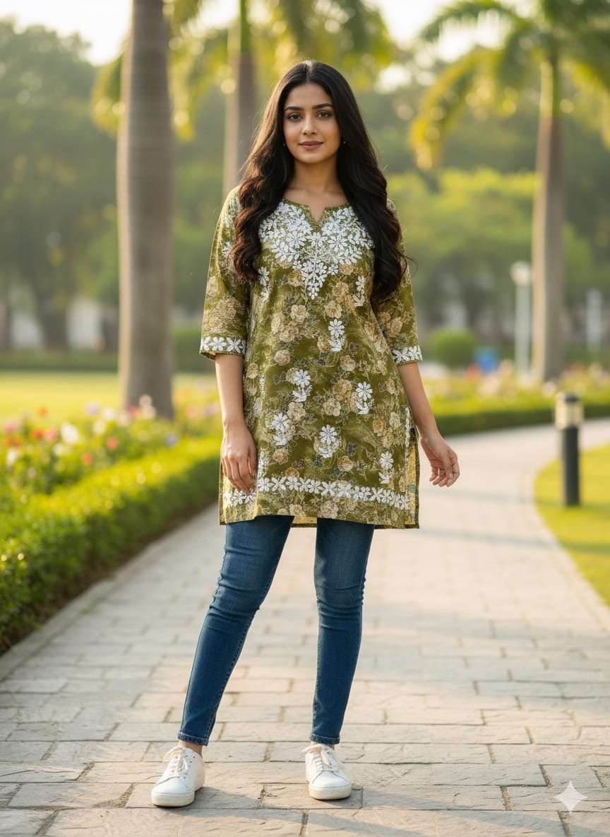 Mul Short Printed Designer - Chikankari official