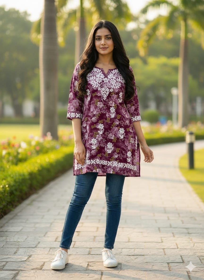 Mul Short Printed Designer - Chikankari official