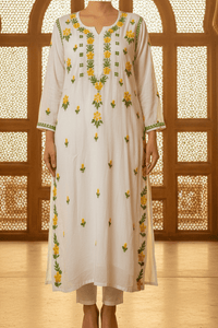 Multi Thread White Rayon Chikankari long Kurta - Chikankari official