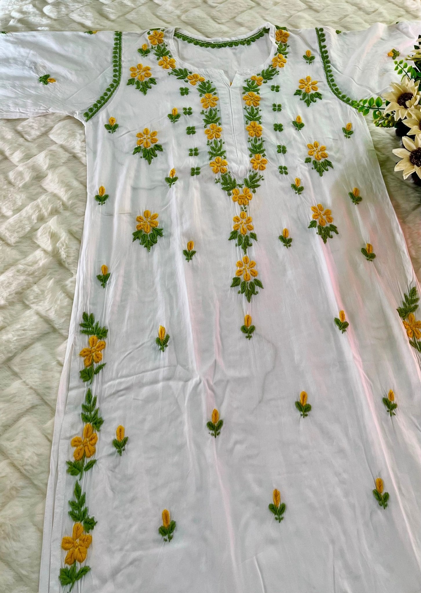 Multi Thread White Rayon Chikankari long Kurta - Chikankari official