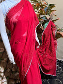Muqaish Red Beautiful saree - Chikankari official