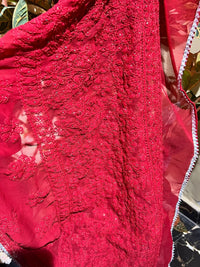 Muqaish Red Beautiful saree - Chikankari official