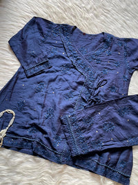 Muqaish Short Angrakha with lace pocket pant - Chikankari official