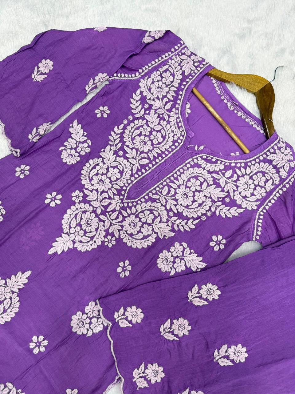 Muslin cutwork White thread embroidered 2pc Set - Chikankari official