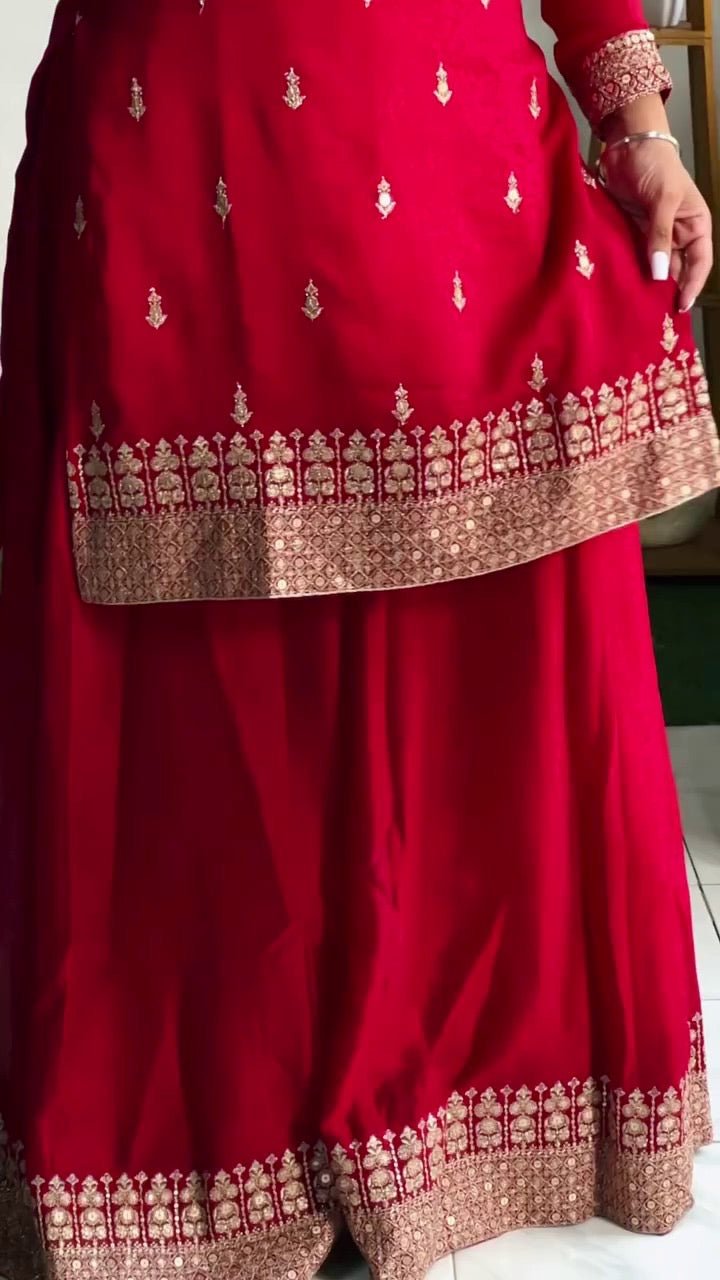 Naveli Khatri designer Red Silk 3pc Set - Chikankari official