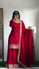 Naveli Khatri designer Red Silk 3pc Set - Chikankari official