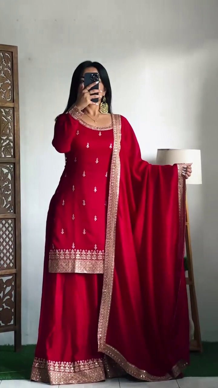 Naveli Khatri designer Red Silk 3pc Set - Chikankari official