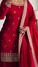 Naveli Khatri designer Red Silk 3pc Set - Chikankari official