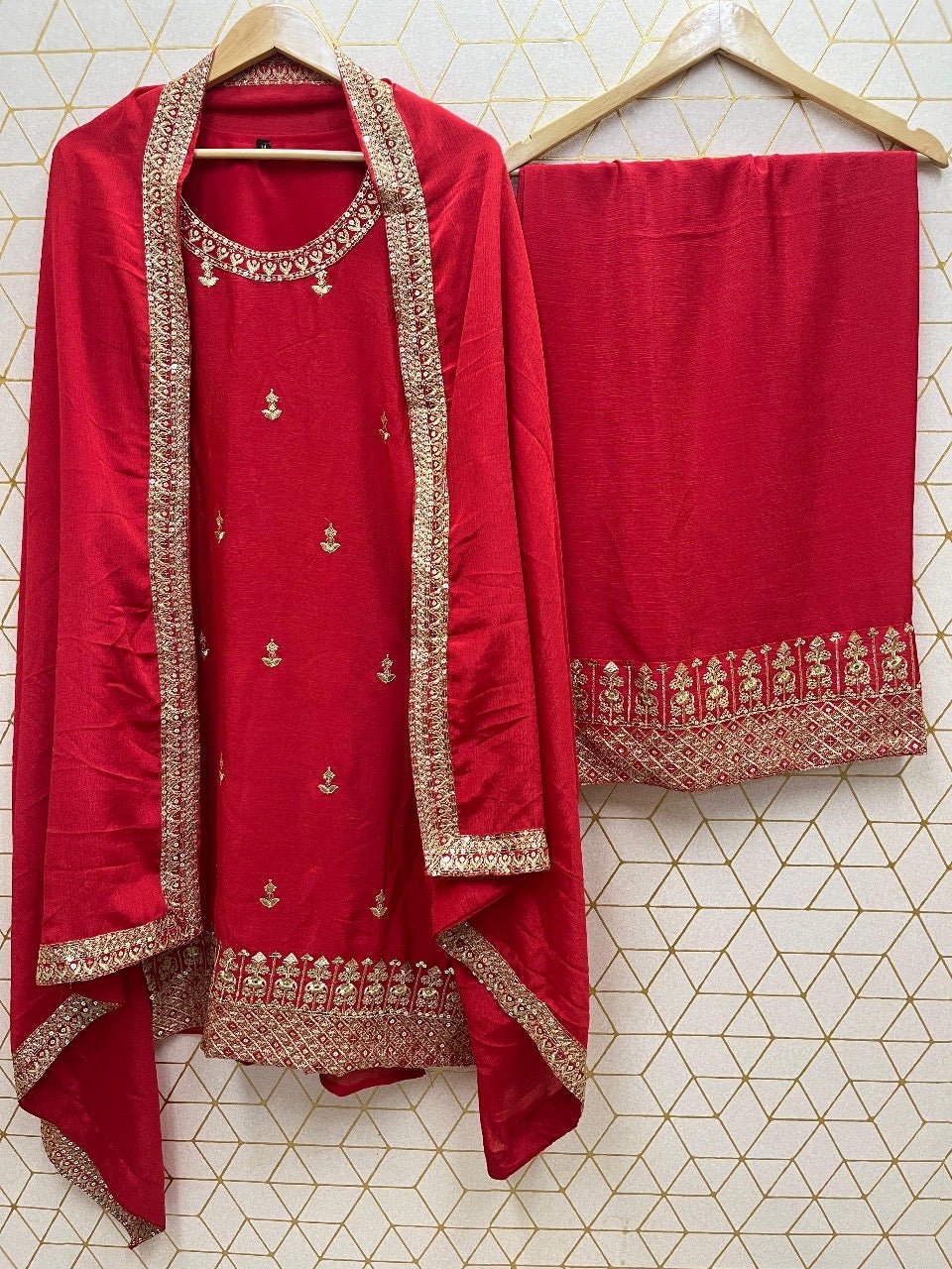 Naveli Khatri designer Red Silk 3pc Set - Chikankari official
