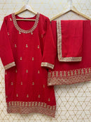 Naveli Khatri designer Red Silk 3pc Set - Chikankari official