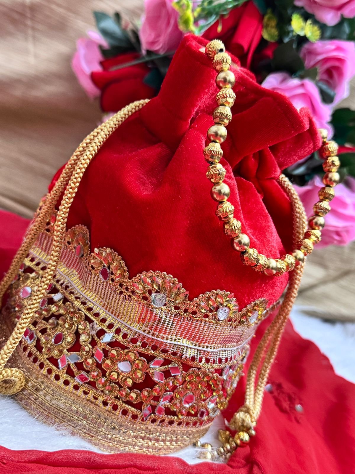Navratri Red Mirror 4pc Set with potli - Chikankari official