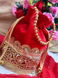 Navratri Red Mirror 4pc Set with potli - Chikankari official