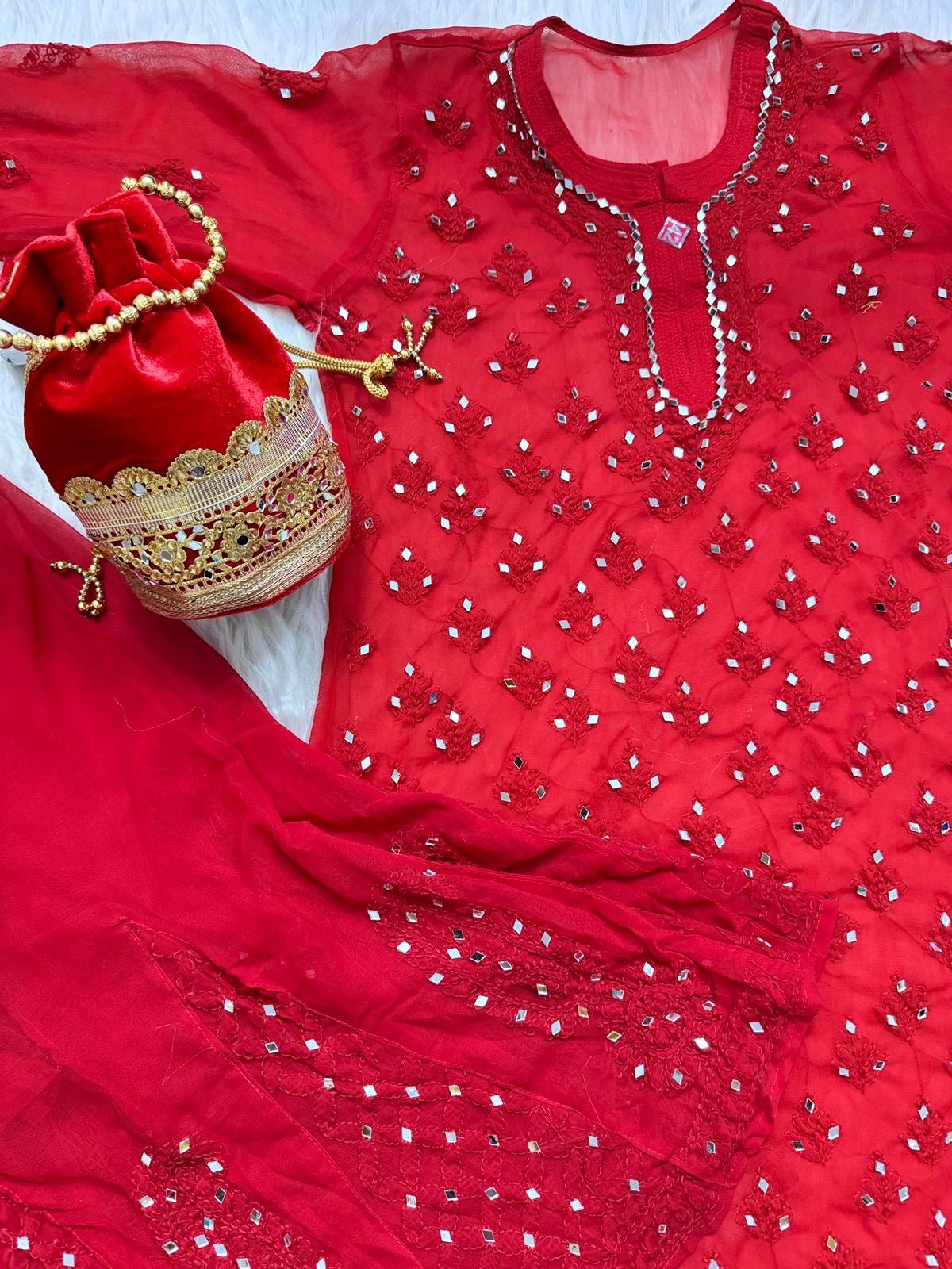 Navratri Red Mirror 4pc Set with potli