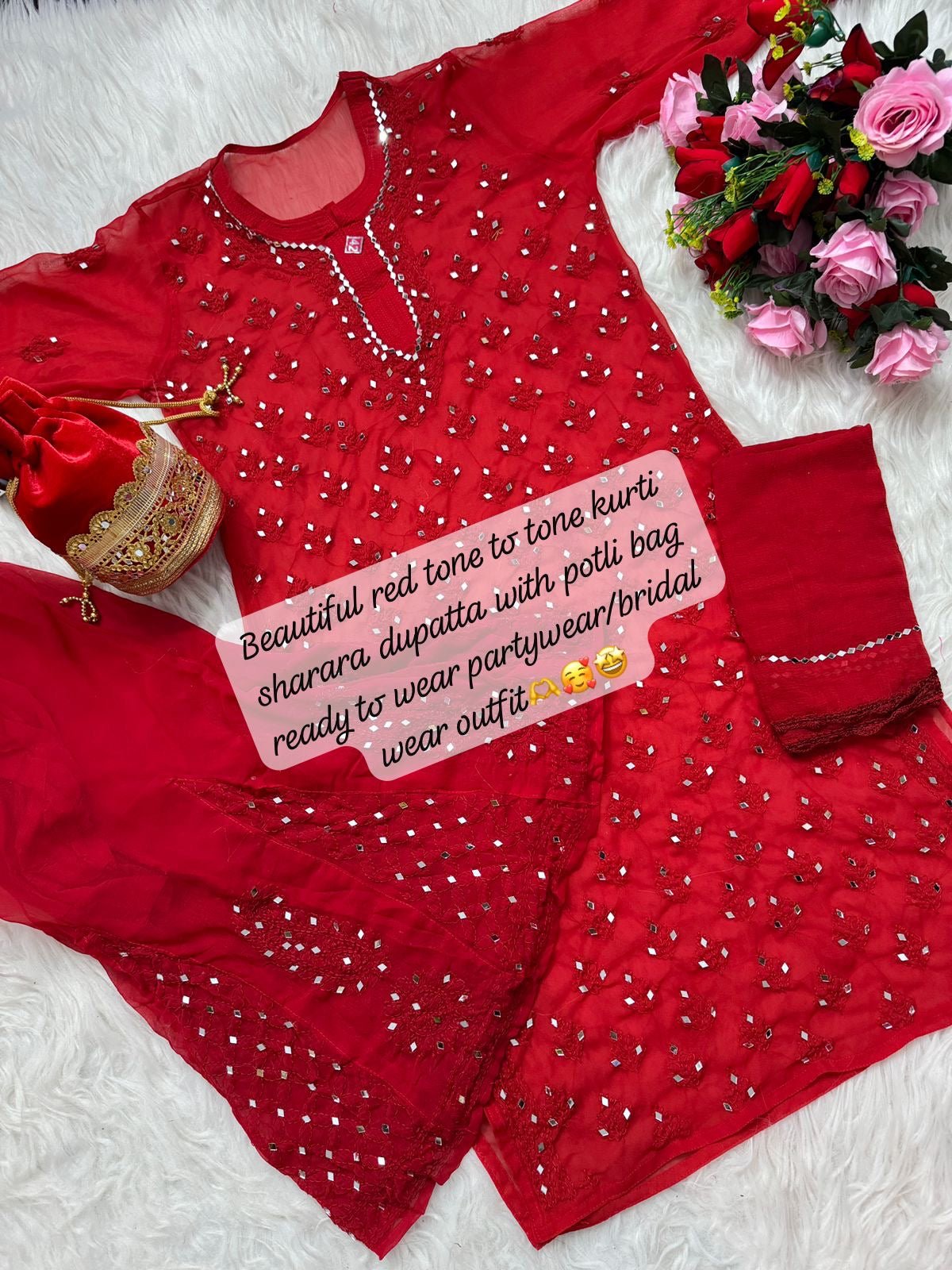 Navratri Red Mirror 4pc Set with potli - Chikankari official