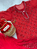Navratri Red Mirror 4pc Set with potli - Chikankari official
