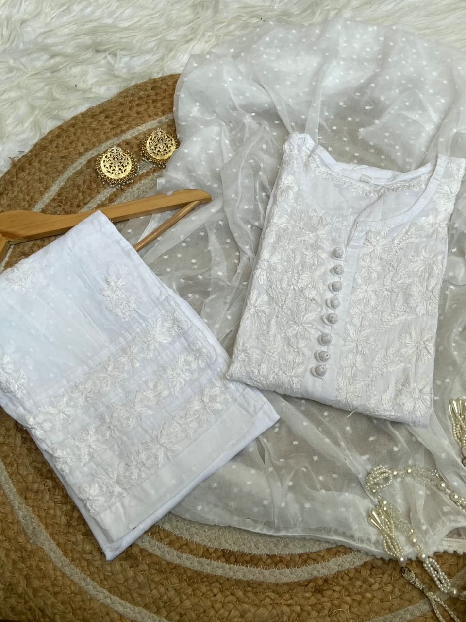 Noor Stylish Dobby Cotton button 3pc Set - Chikankari official