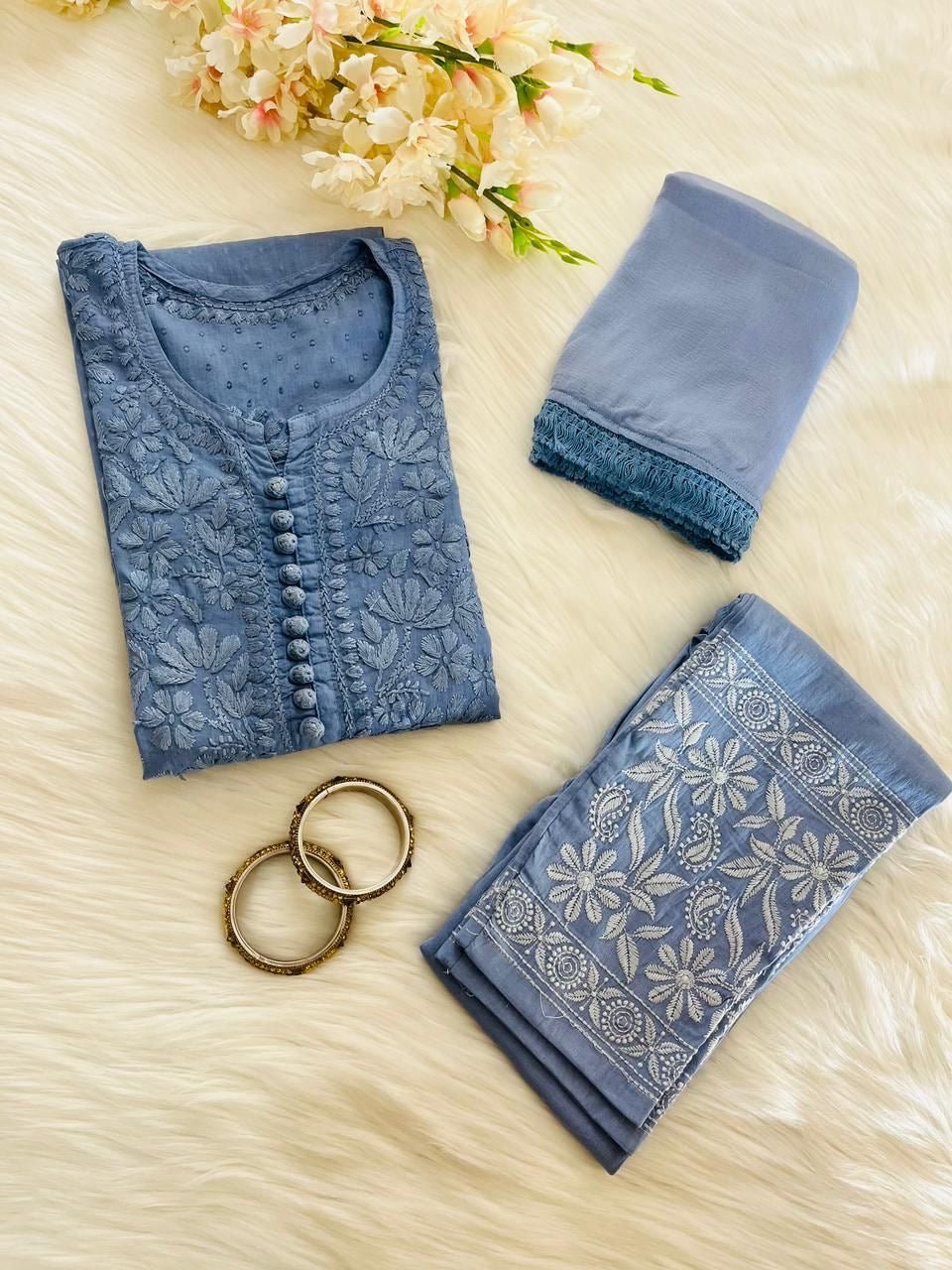 Noor Trendy Dobby Cotton 3pc Set - Chikankari official