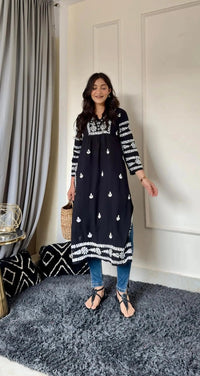 Nyra White With Black Thread Of Chikankari Combo With Pant ( Deepa & Swati Special ) - Chikankari official