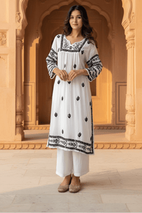 Nyra White With Black Thread Of Chikankari Combo With Pant ( Deepa & Swati Special ) - Chikankari official