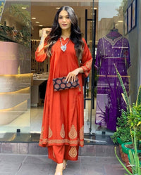 Orange Kurta set - Chikankari official