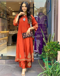Orange Kurta set - Chikankari official