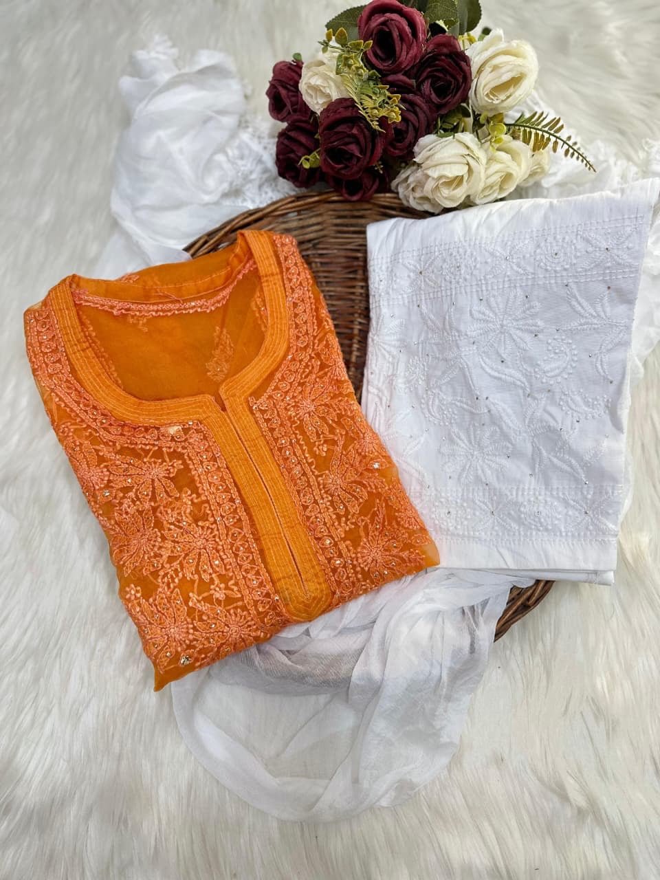 Organza 3pc Muqaish Luxury Handmade Set - Chikankari official
