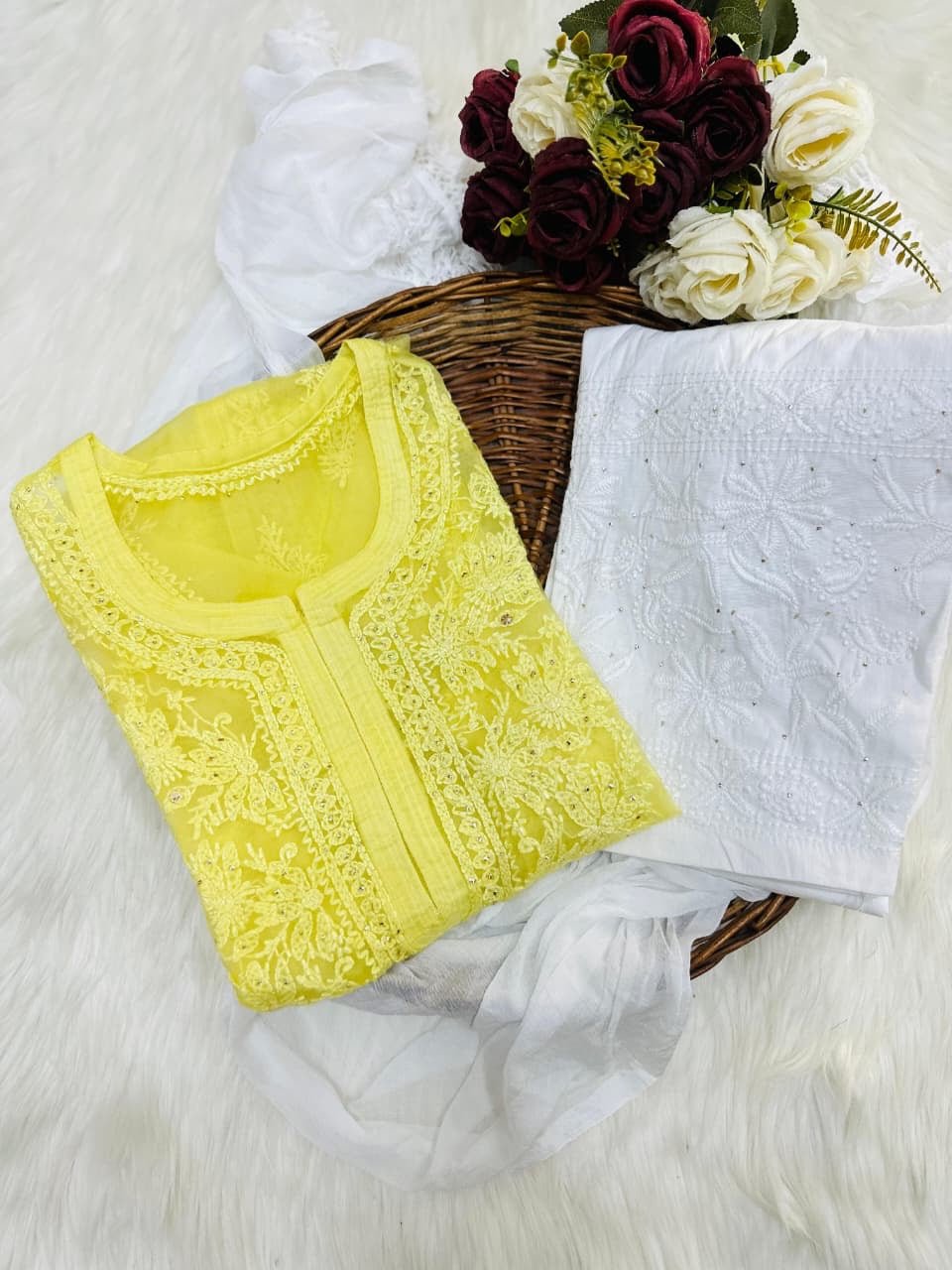 Organza 3pc Muqaish Luxury Handmade Set - Chikankari official
