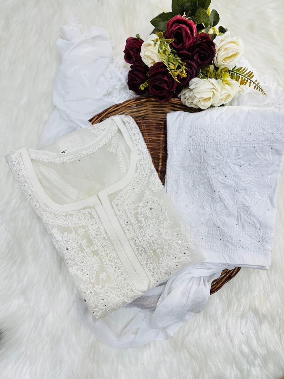 Organza 3pc Muqaish Luxury Handmade Set - Chikankari official