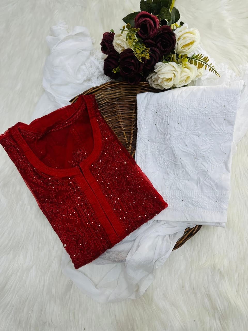 Organza 3pc Muqaish Luxury Handmade Set - Chikankari official
