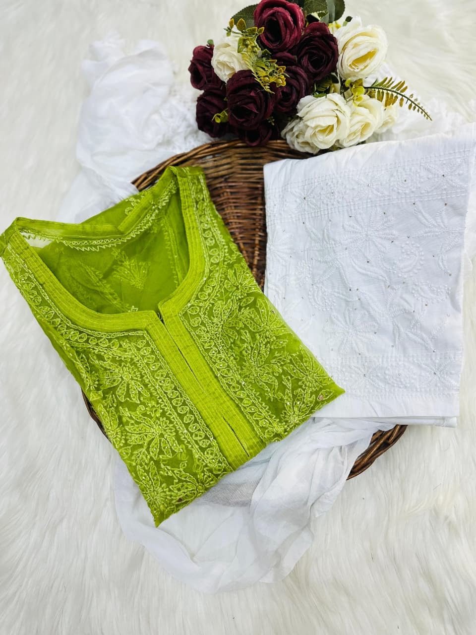 Organza 3pc Muqaish Luxury Handmade Set - Chikankari official