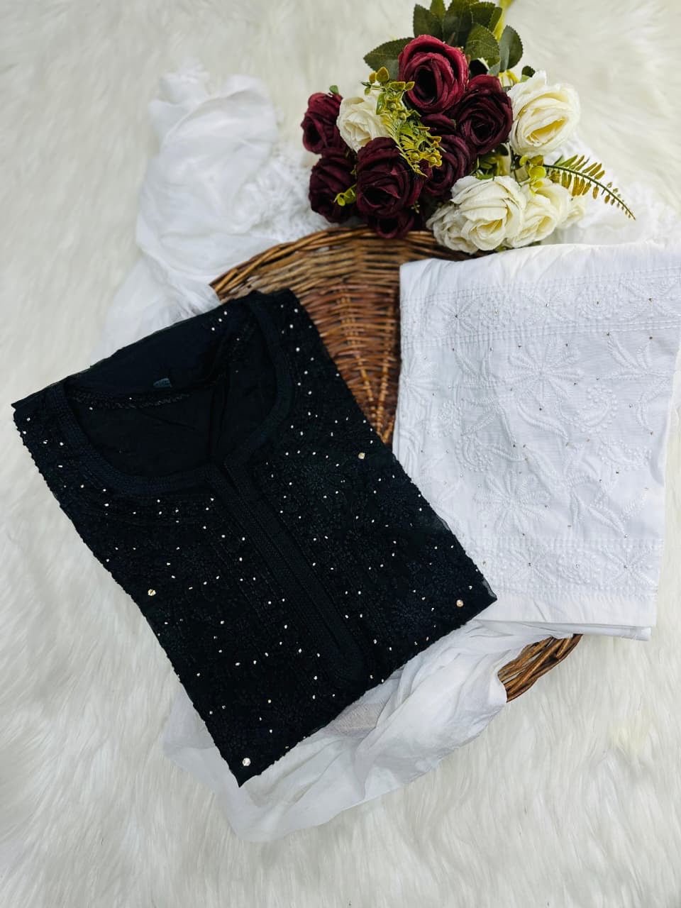 Organza 3pc Muqaish Luxury Handmade Set - Chikankari official
