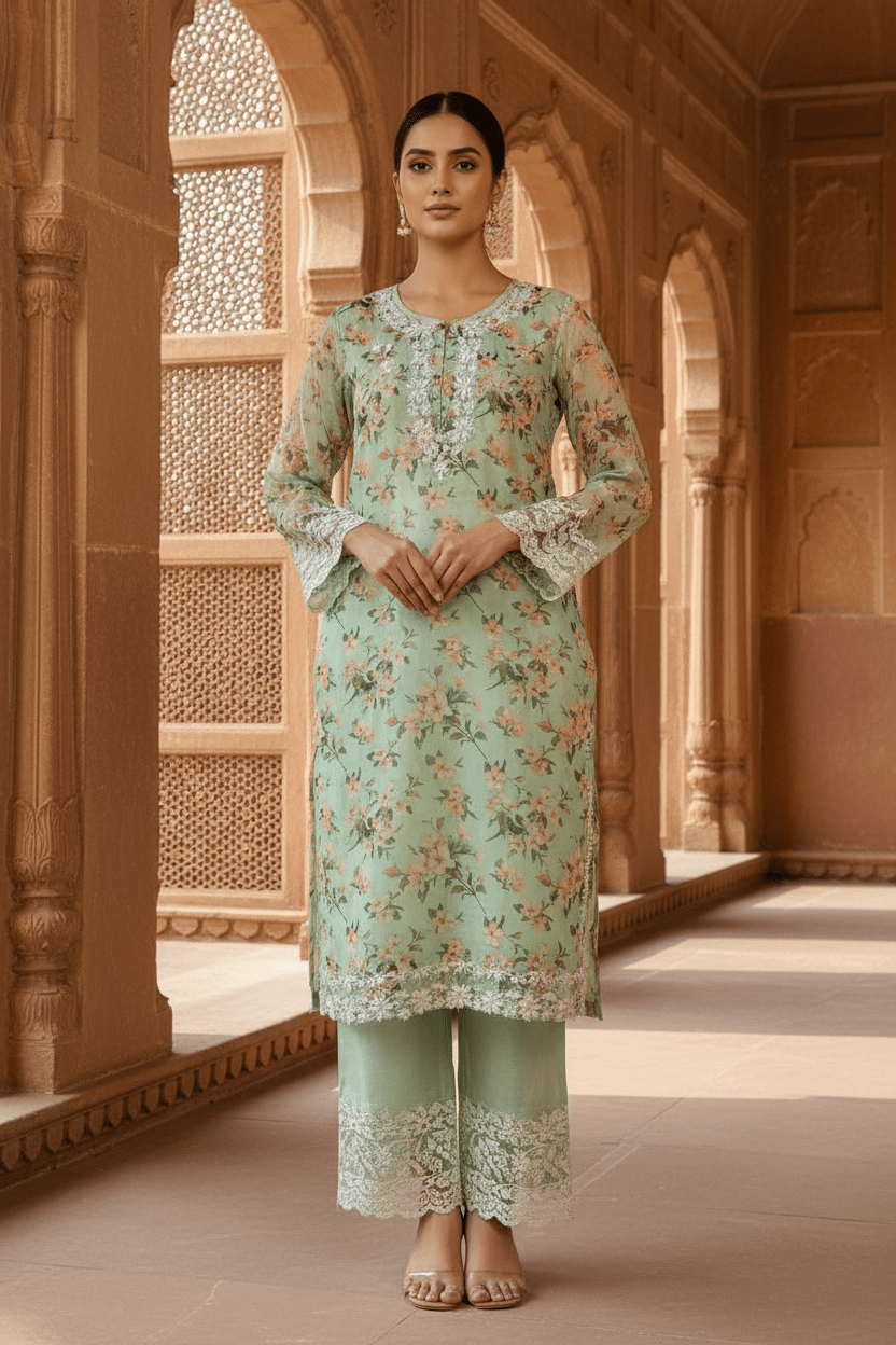 Organza Printed Kurta Palazzo Set | Chikankari Official