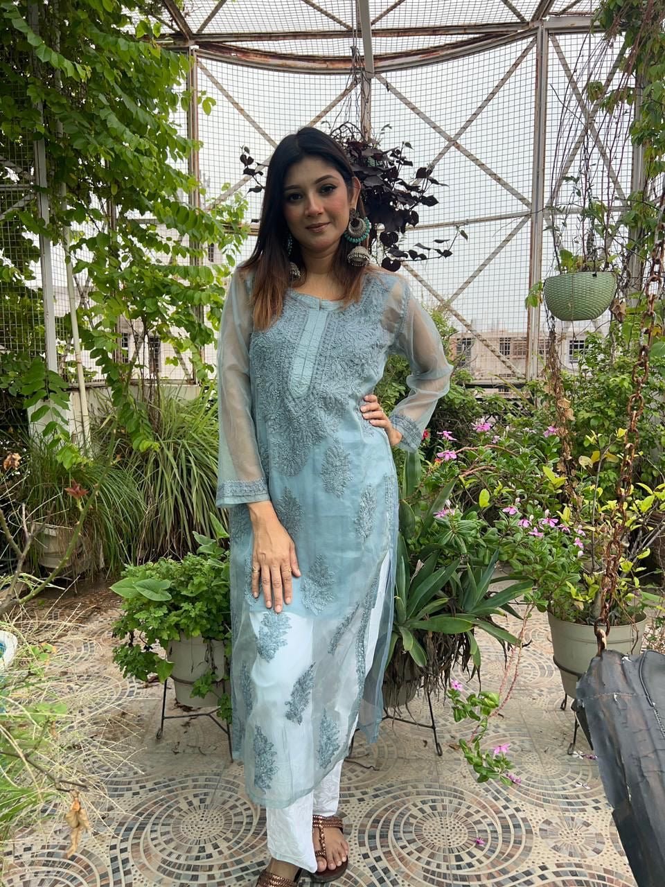 Organza Tone To tone Kurta with Inner & Pant - Chikankari official