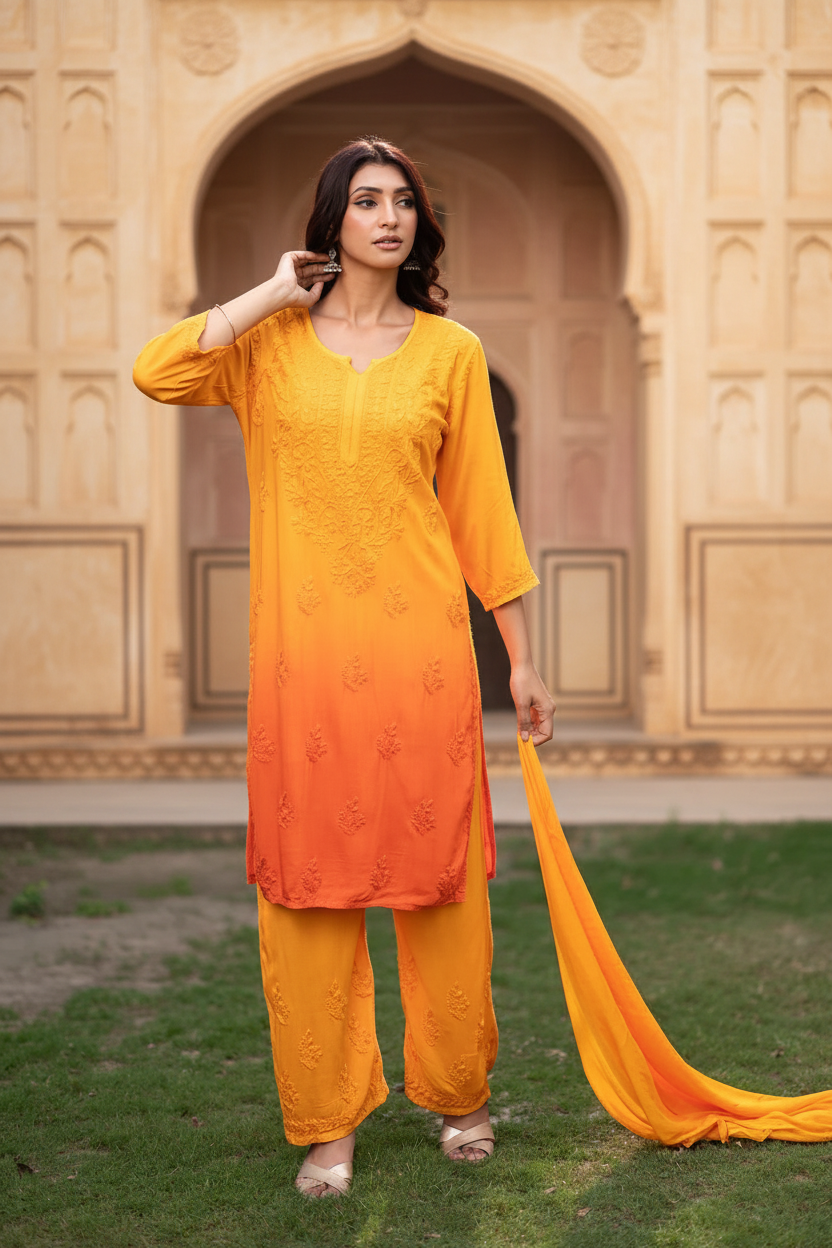 Rangrez Rayon Ombre Chikankari Speical 3pc set