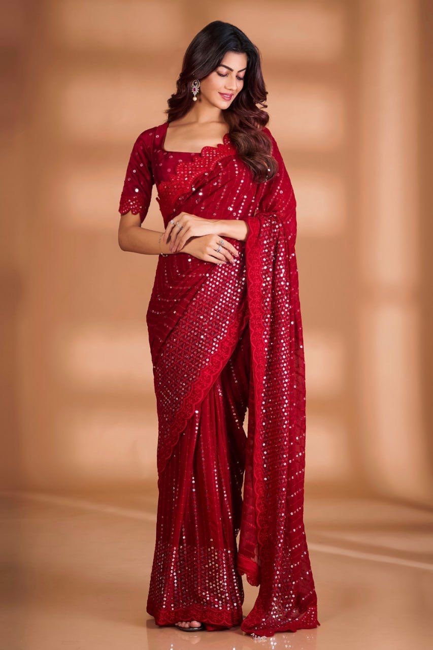 Party Wear Sequence Red Work On saree - Chikankari official