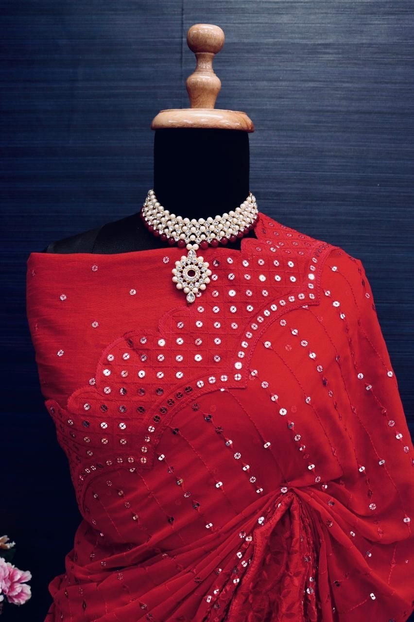 Party Wear Sequence Red Work On saree - Chikankari official
