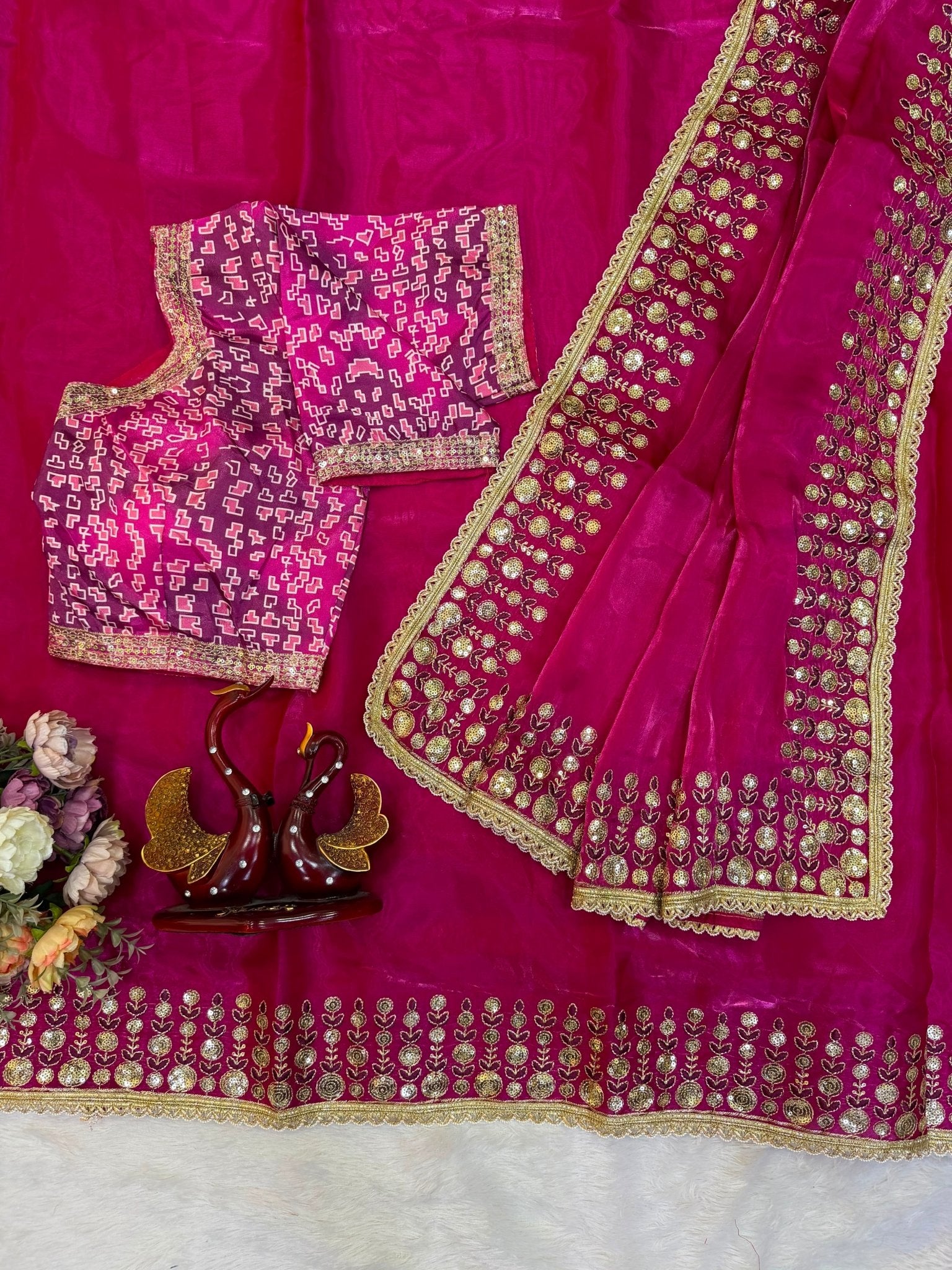 Pink Jimmy Satin Saree Unstiched