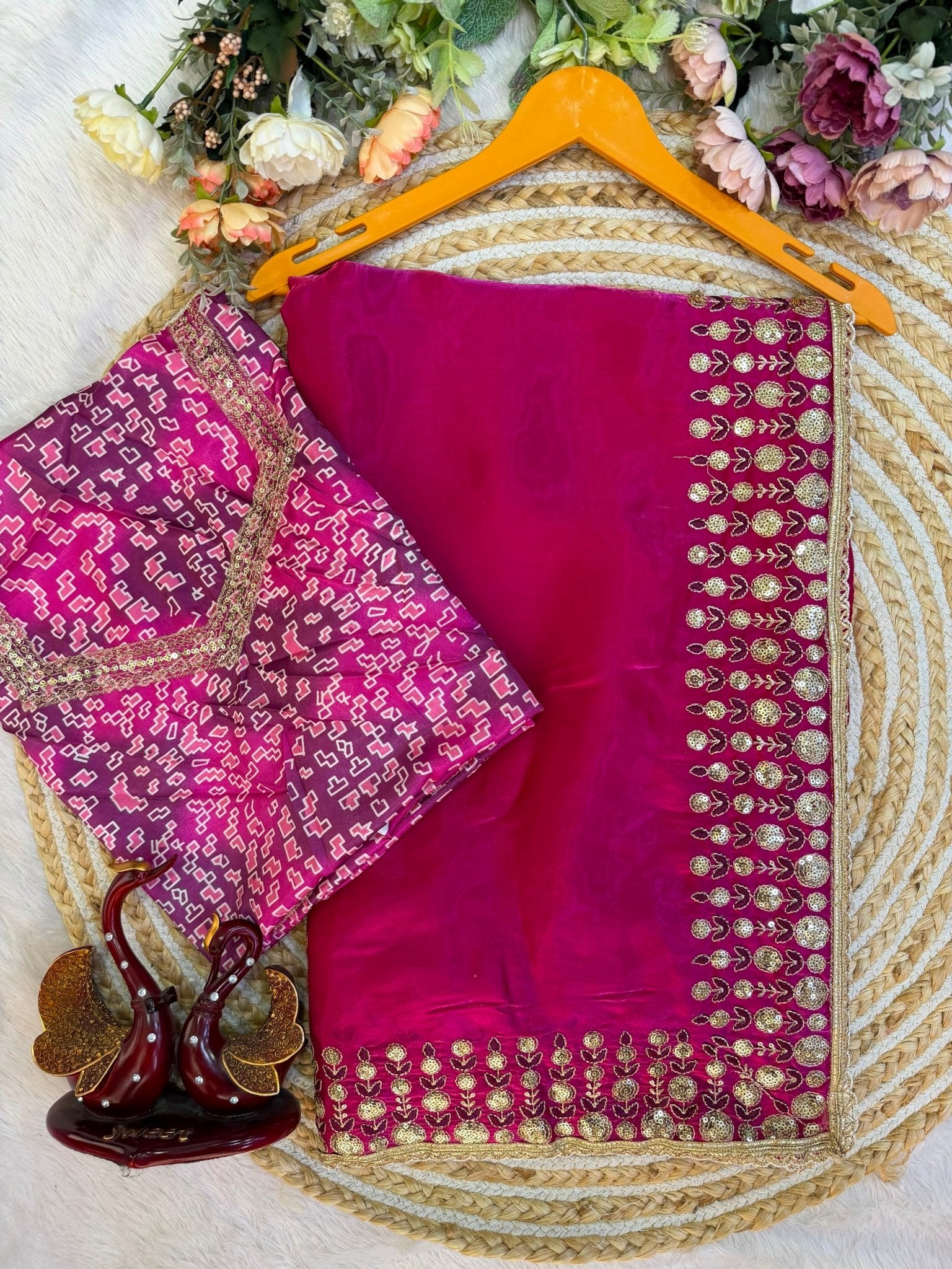 Pink Jimmy Satin Saree Unstiched - Chikankari official