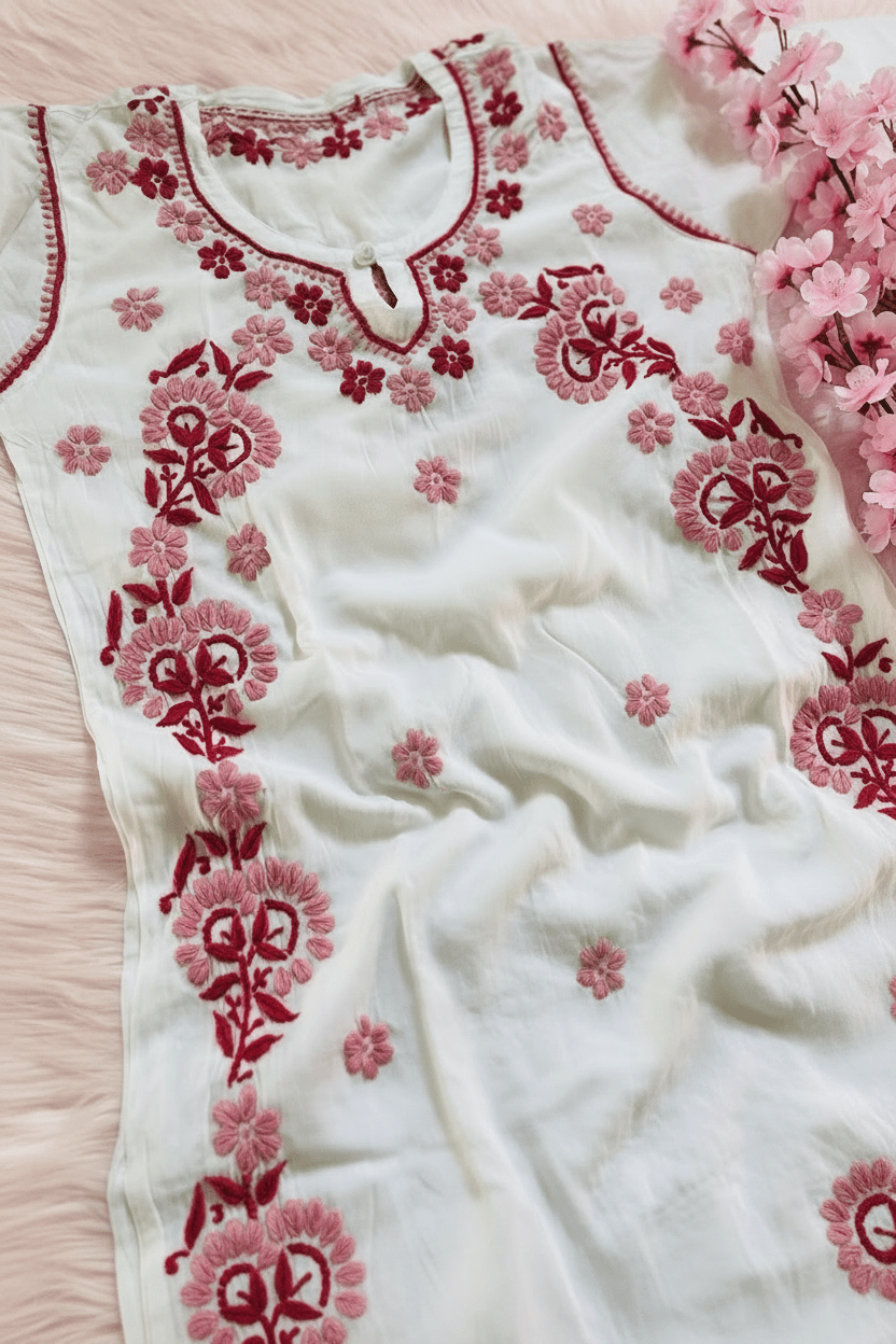 Pink Soft Thread in White chikankari