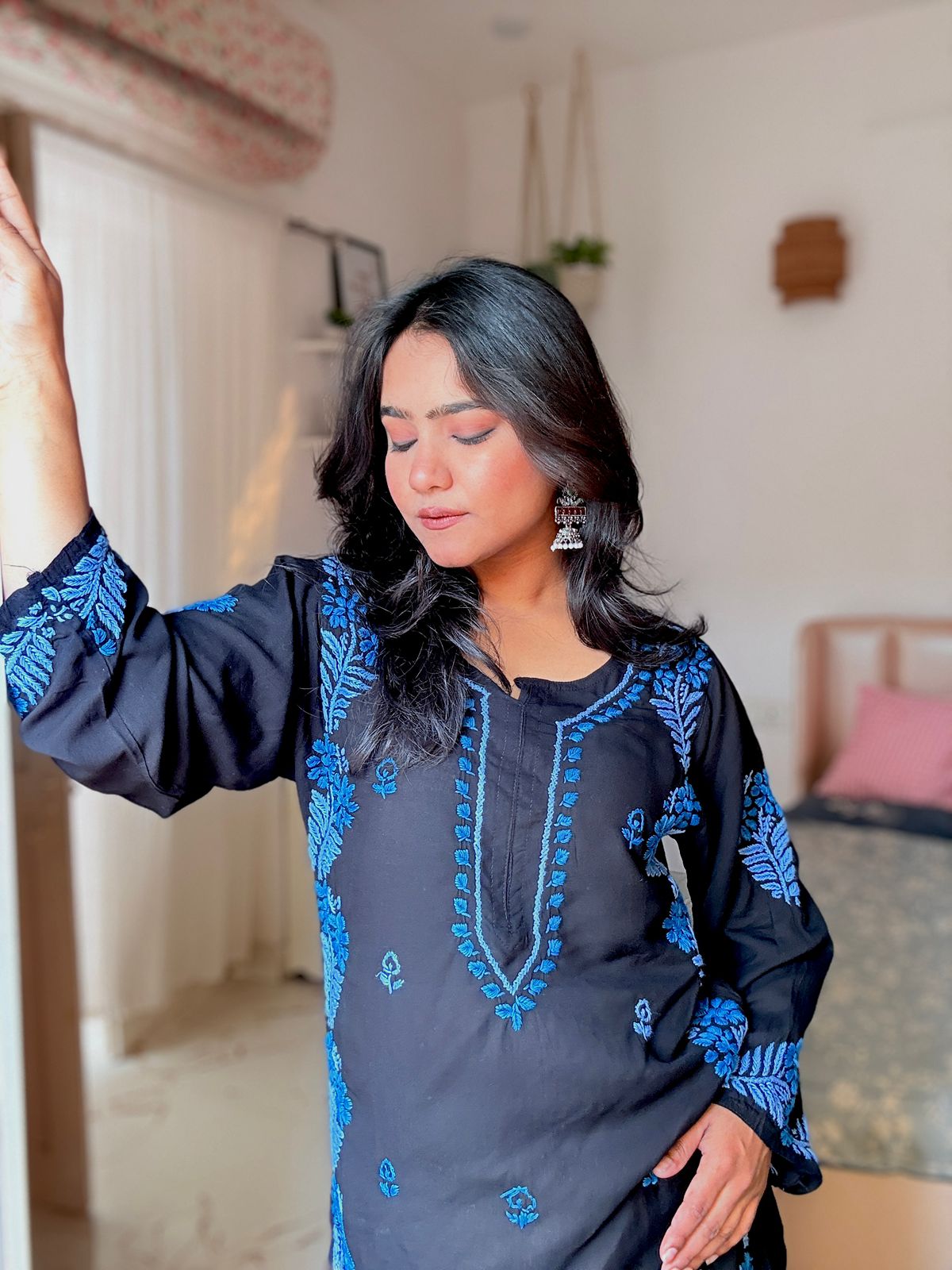 premium beautiful black side border moodal kurta - Chikankari official