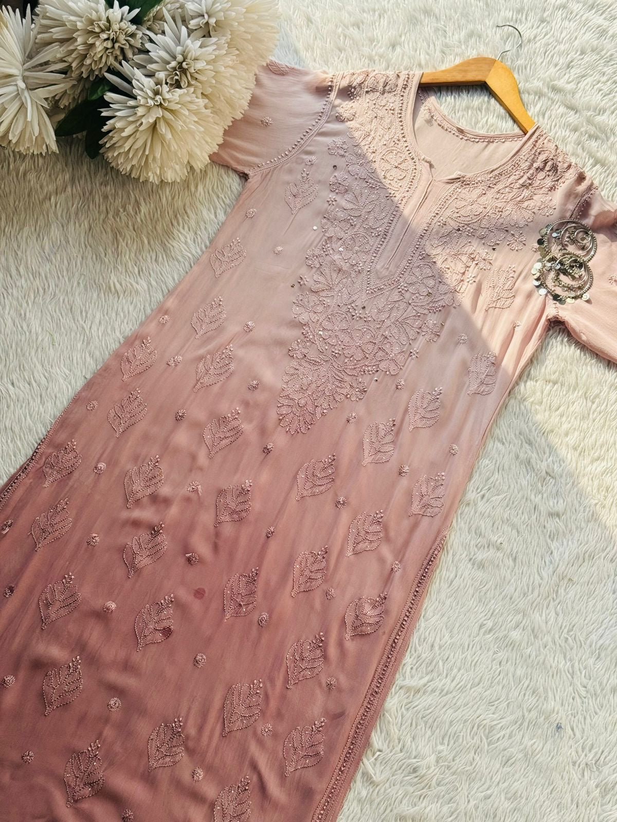 Premium Beautiful Resham Gala Booti Viscose Kurti - Chikankari official