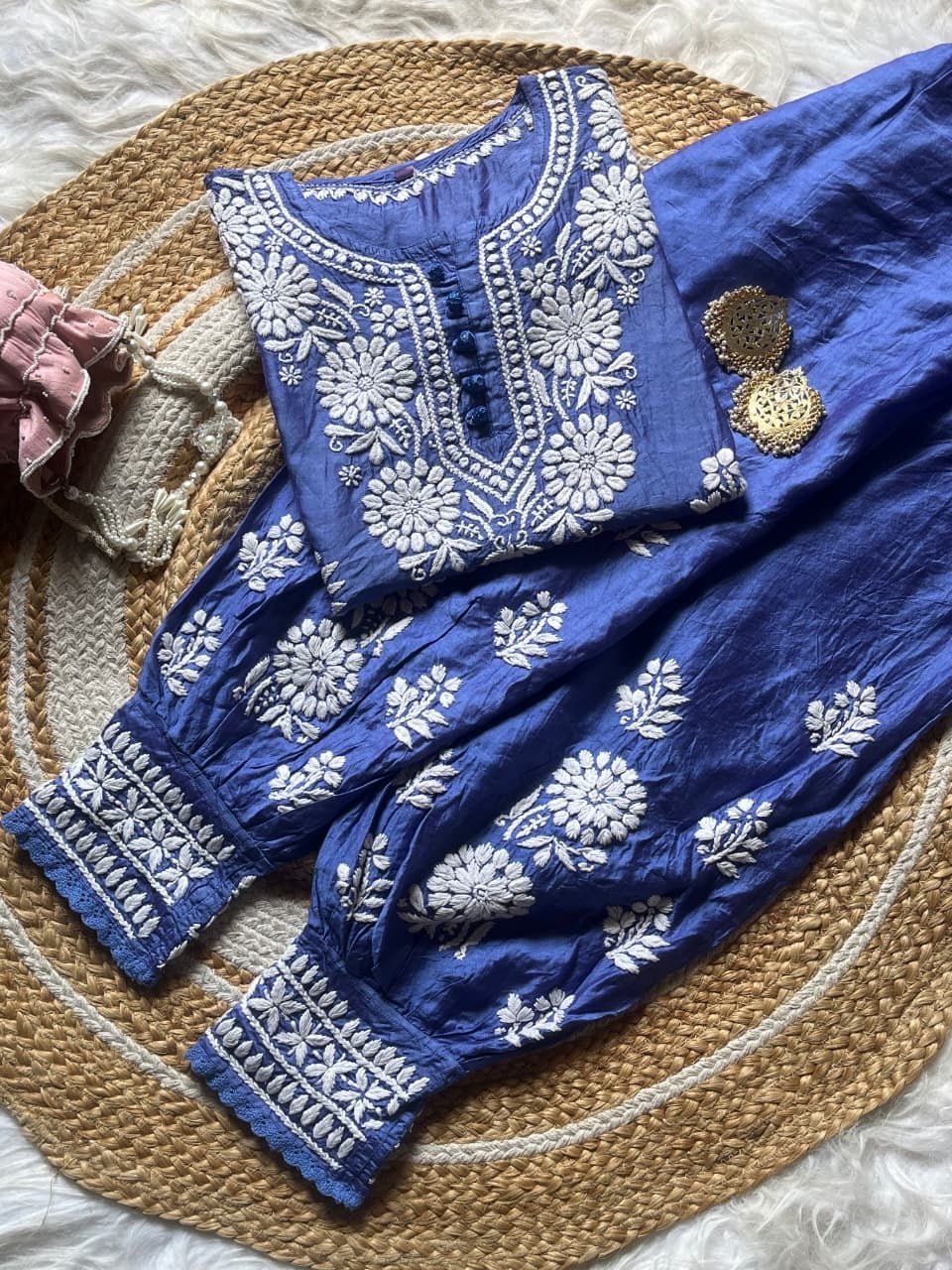 Premium Butter soft Chanderi Short Afghani co - ord set - Chikankari official