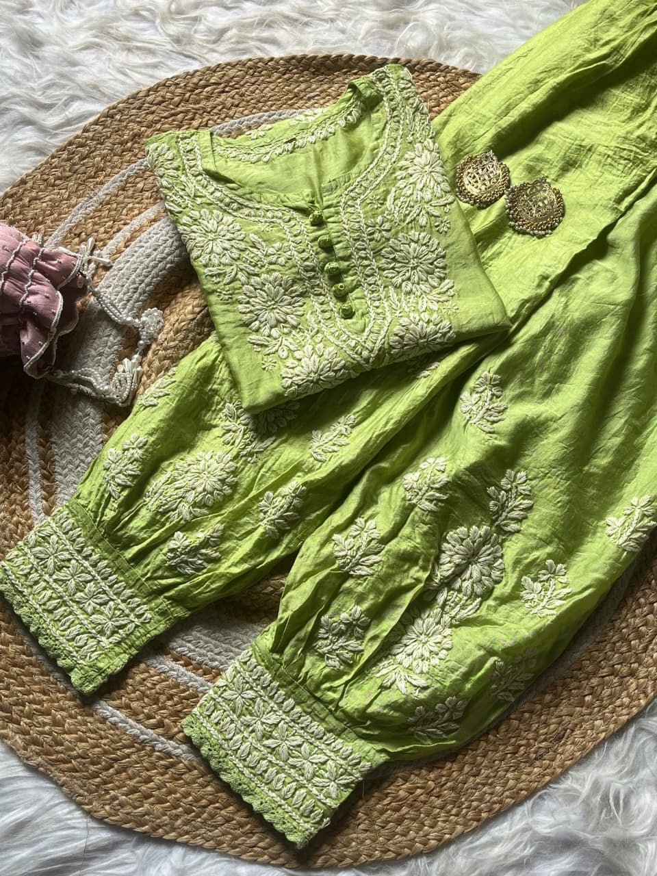 Premium Butter soft Chanderi Short Afghani co - ord set - Chikankari official