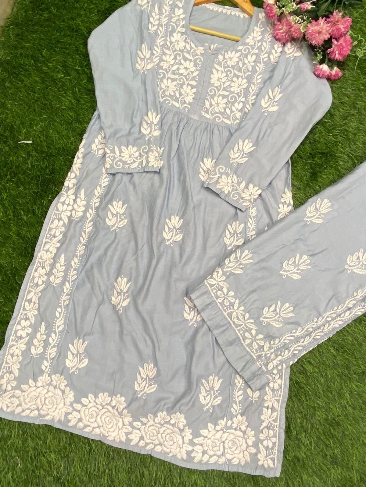 Premium New Design Fine Work Chanderi Plazo Set 3D - Chikankari official