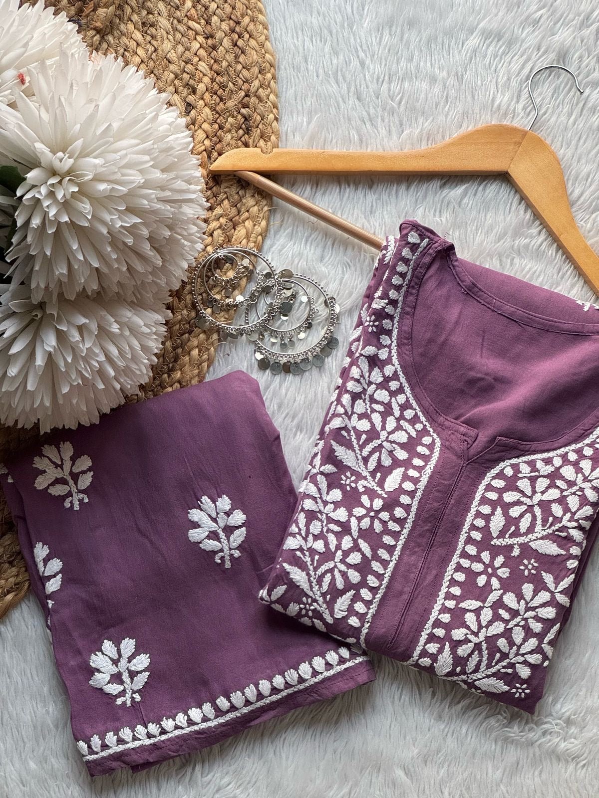 Premium rayon Crafted With Hand white embroidery combo - Chikankari official