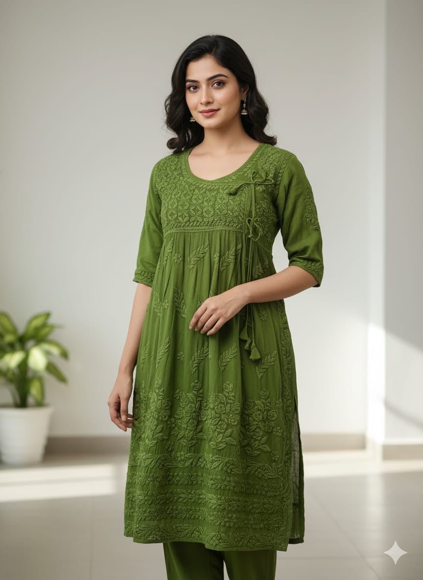 Premium Viscose Angarkha with 3D Embroidery Work - Chikankari official