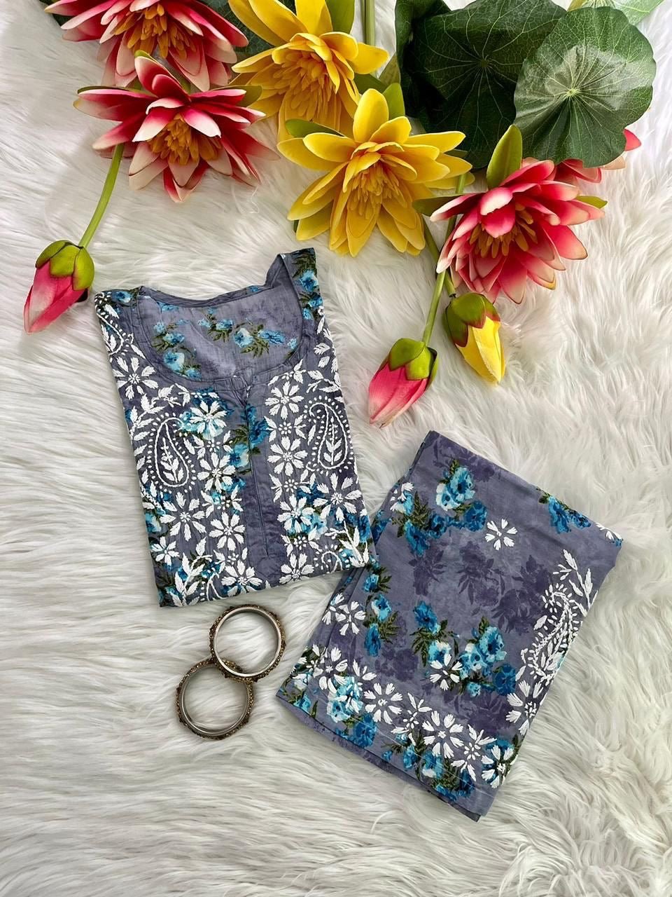 Presenting our Most demanding Exclusive Mul Mul long printed cord sets - Chikankari official