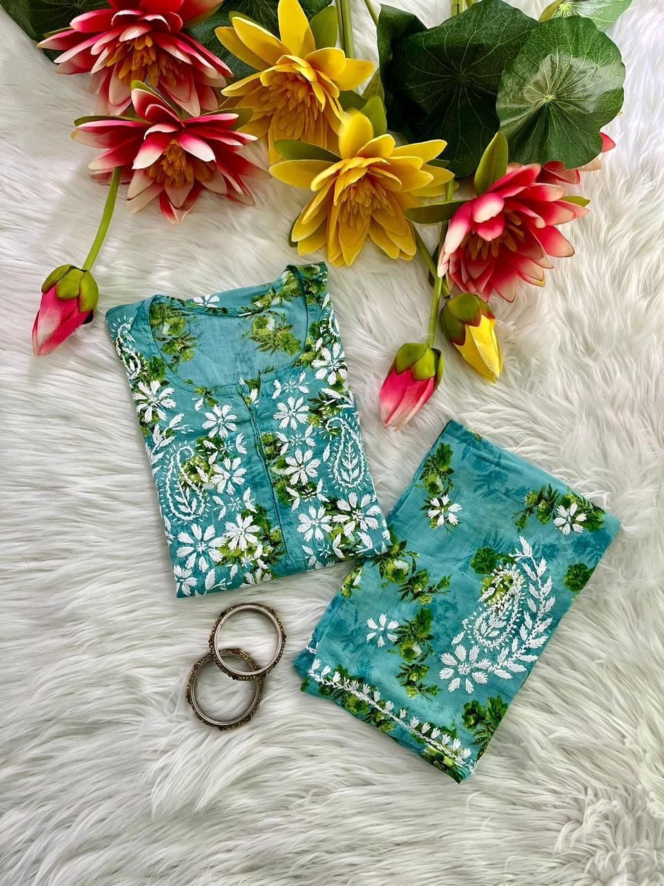 Presenting our Most demanding Exclusive Mul Mul long printed cord sets - Chikankari official