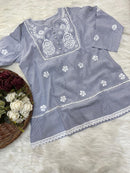 Printed cotton short top with lace work - Chikankari official
