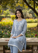Printed cotton short top with lace work - Chikankari official